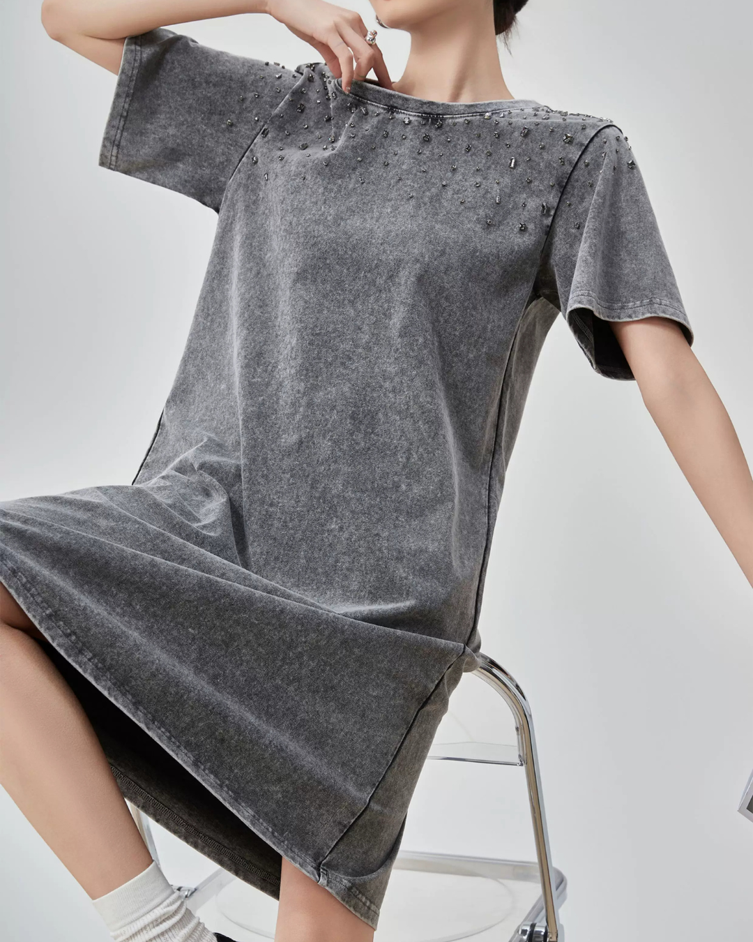 Chemical Wash Studs T-Shirt Dress FER0197