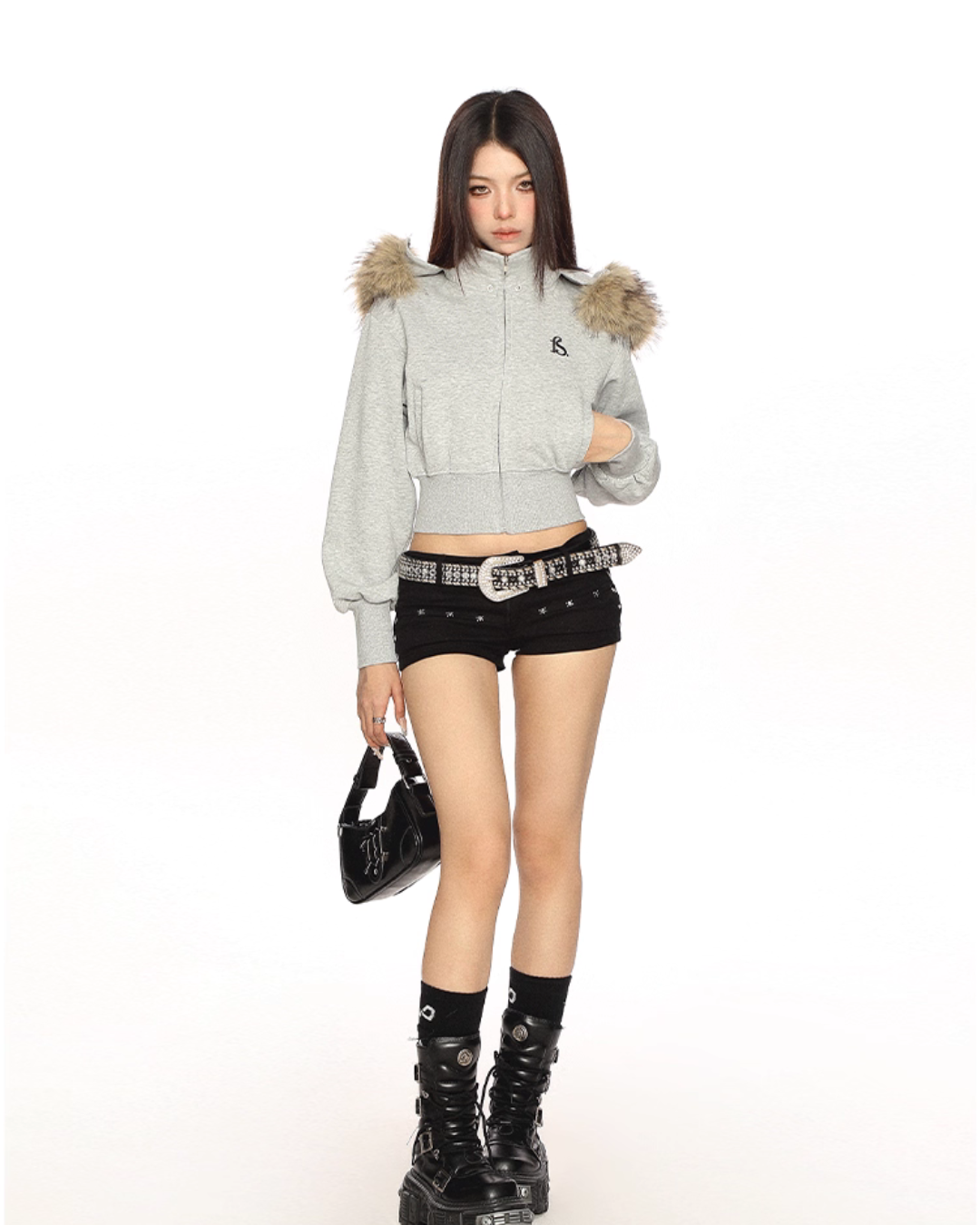 Fur Cropped Zip Up Hoodie BGS0013