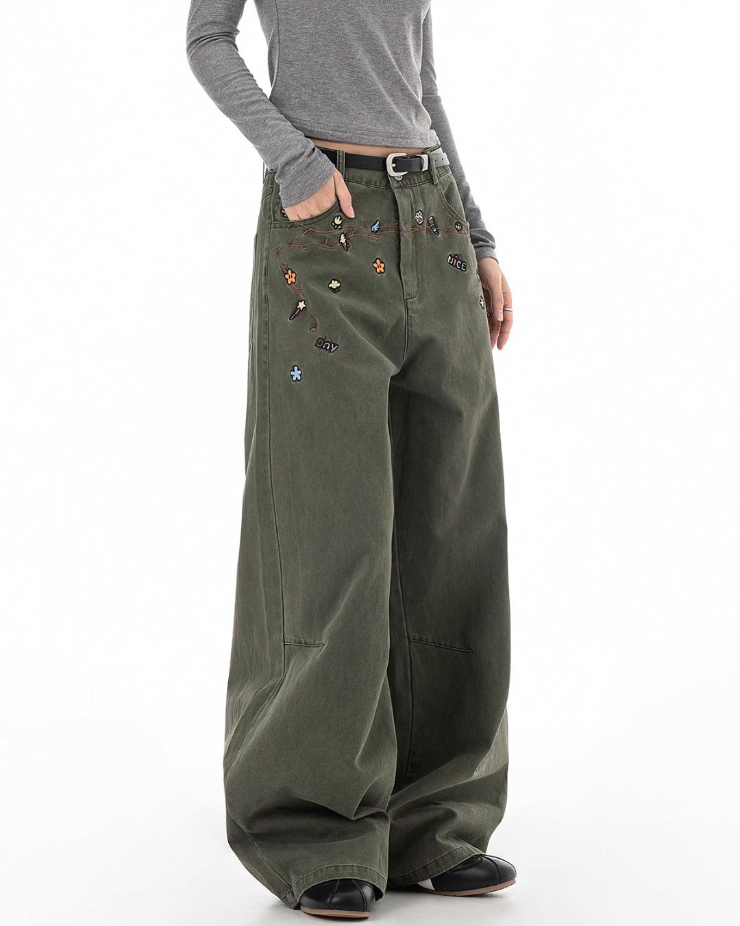 Floral Embroidery Wide Denim Pants ICM0116