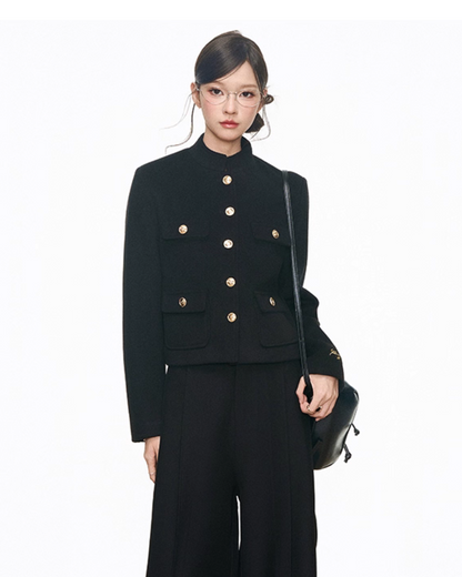 Black Gold Buckle Short Jacket / Black Casual Wide Pants WEO0069