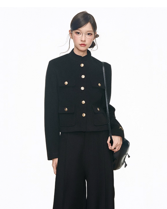 Black Gold Buckle Short Jacket / Black Casual Wide Pants WEO0069