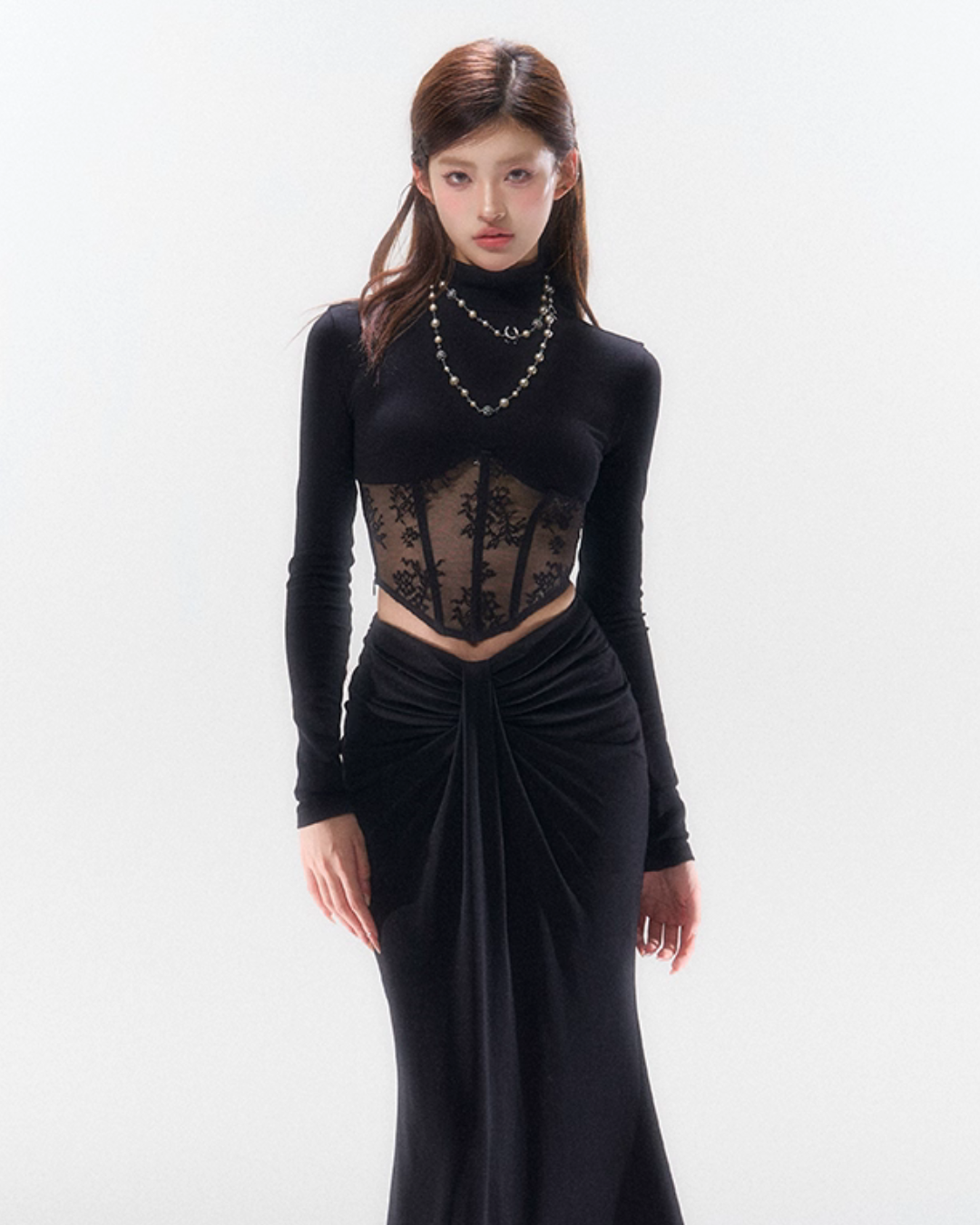 Lace Spliced ​​Waist Long Sleeve Top HID0004