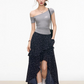 Gray Off-Shoulder Top / Navy Blue Polka Dot Long Skirt WEO0033