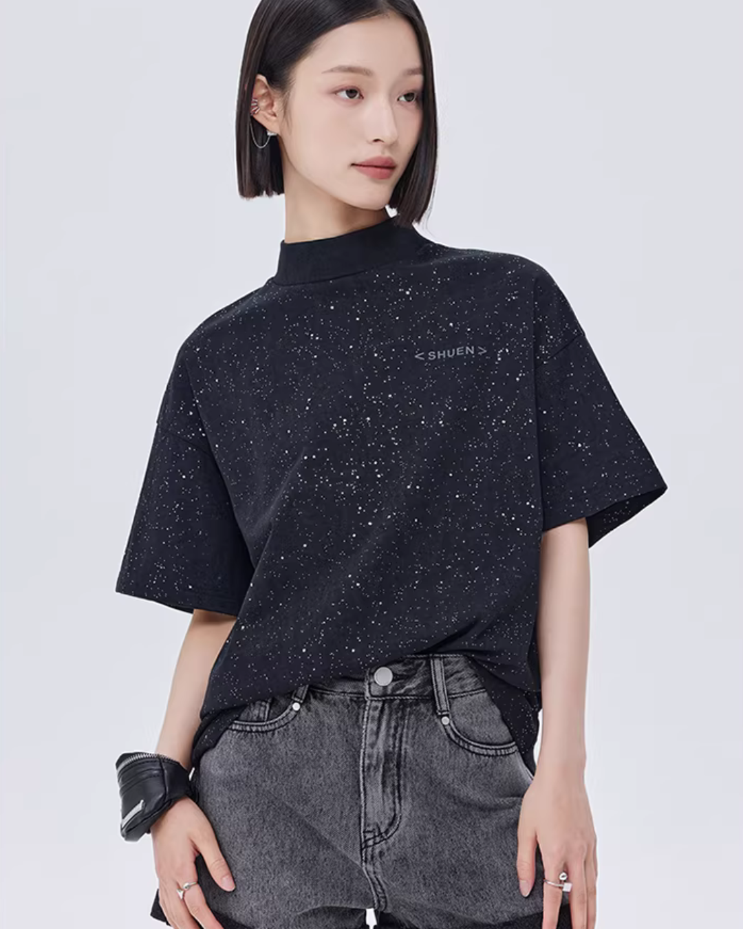 Sequin Mock Neck Short-Sleeve T-Shirt SHN0042