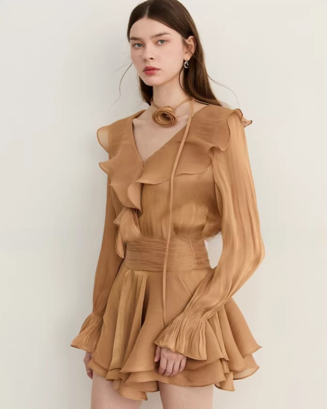 Ruffled Long-sleeve Top / Flared Mini Skirt DPY0076