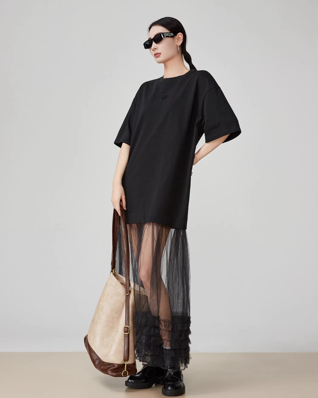 Black Patchwork Mesh T-Shirt Dress FER0055