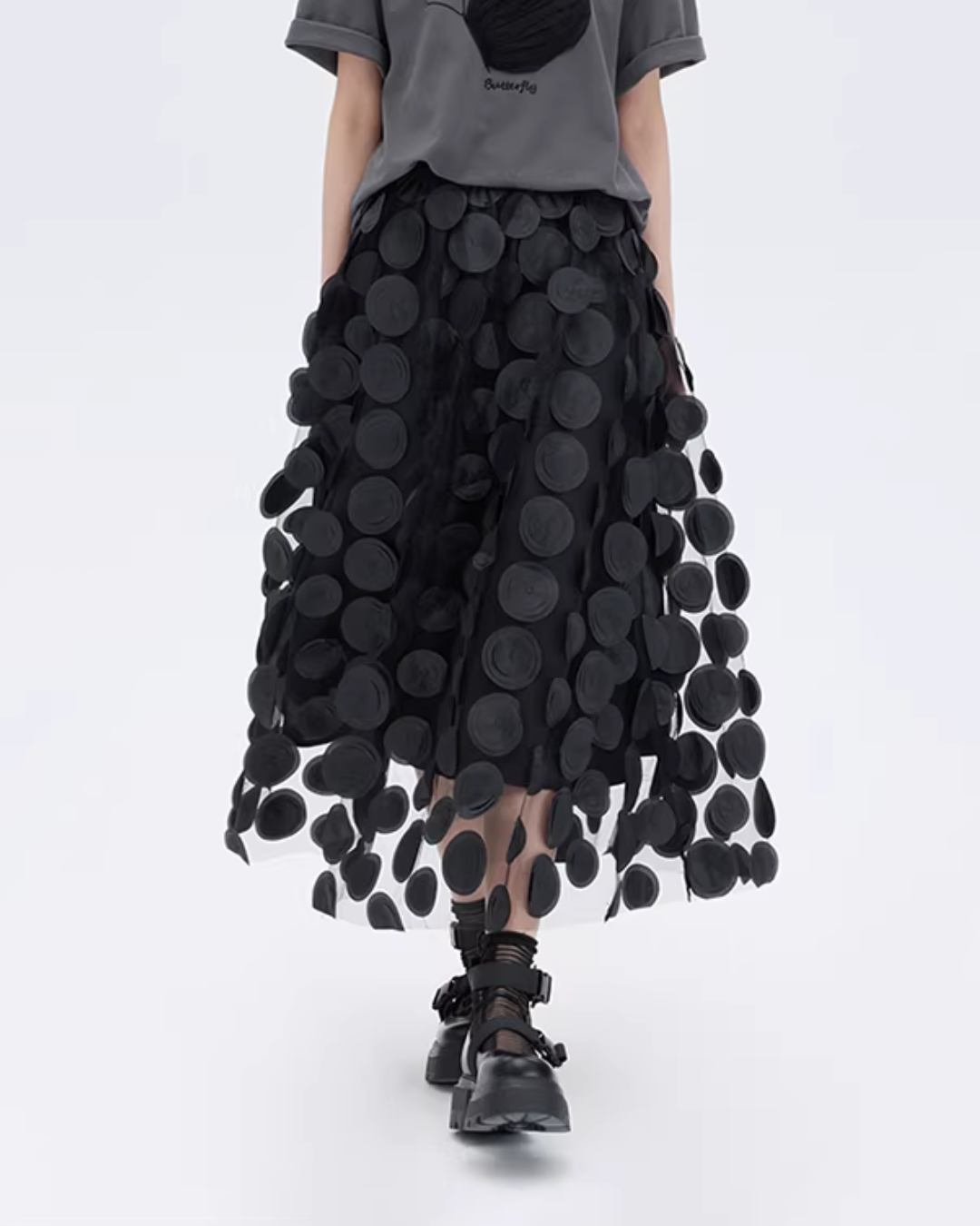 Patch Embroidered Flared Mesh Skirt SHN0003