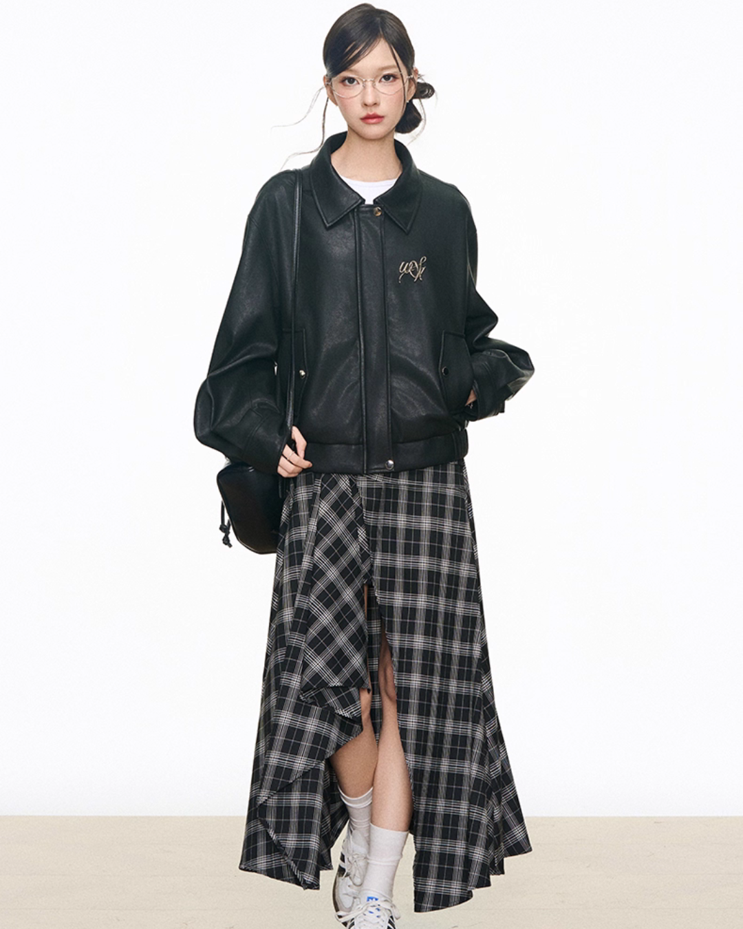 Leather Jacket / Asymmetric Check Pattern Skirt WEO0064