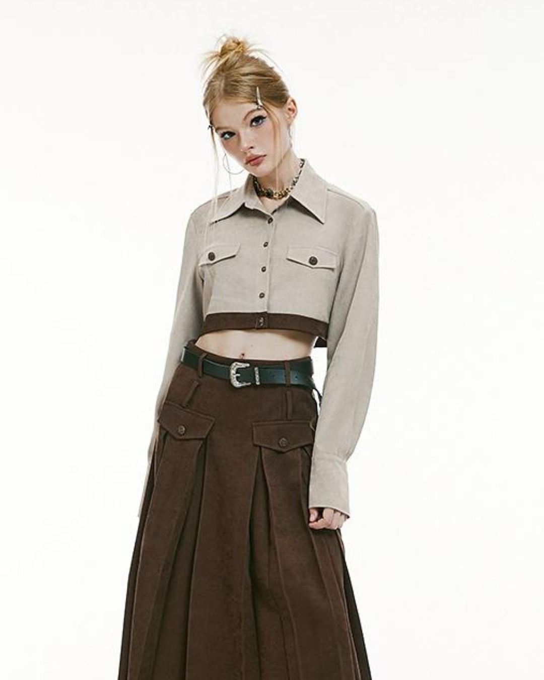 Short High Waisted Shirt＆Pleated Long Skirt IMO0101