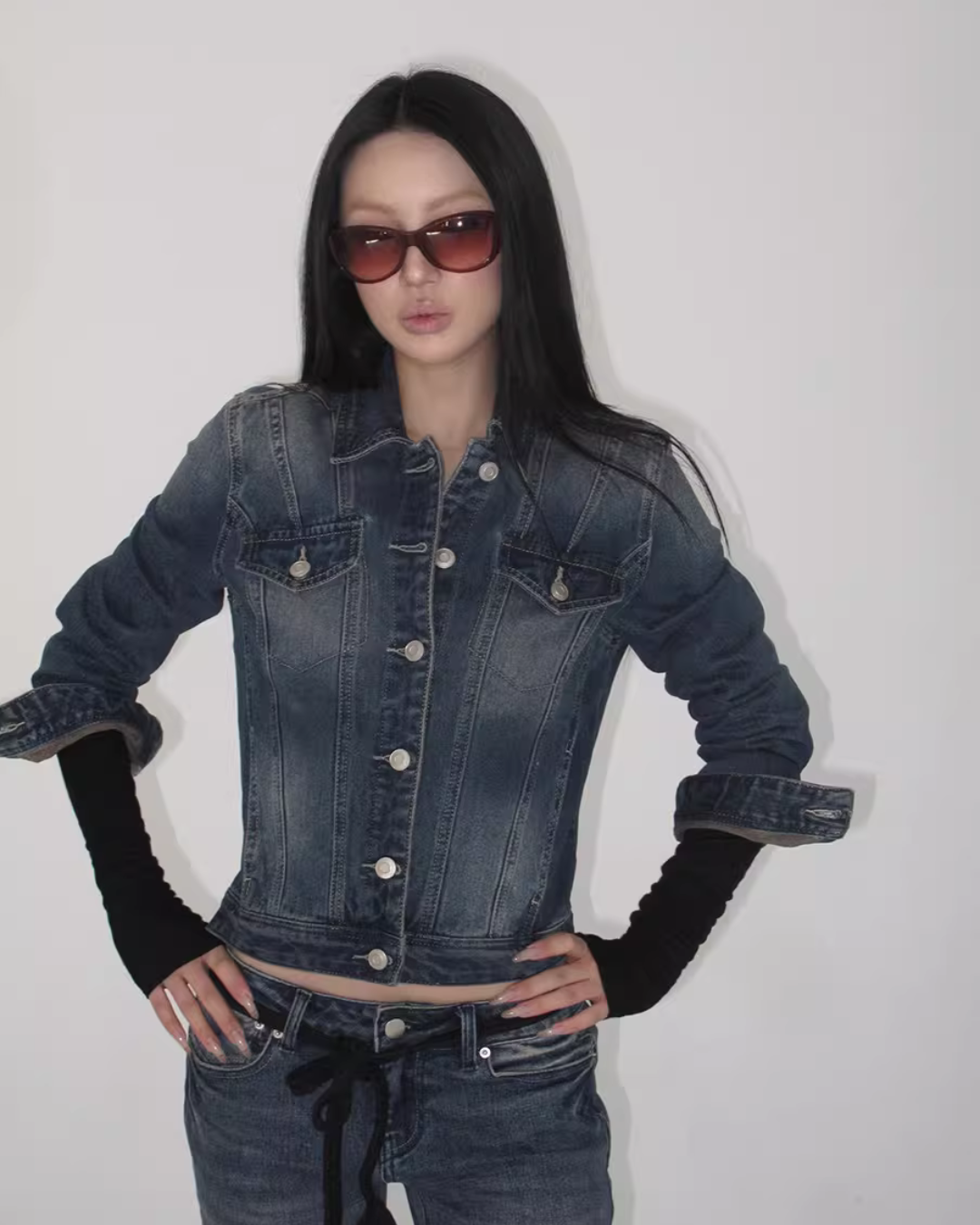 Washed Short Denim Jacket / Flare Slim Jeans IMX0008