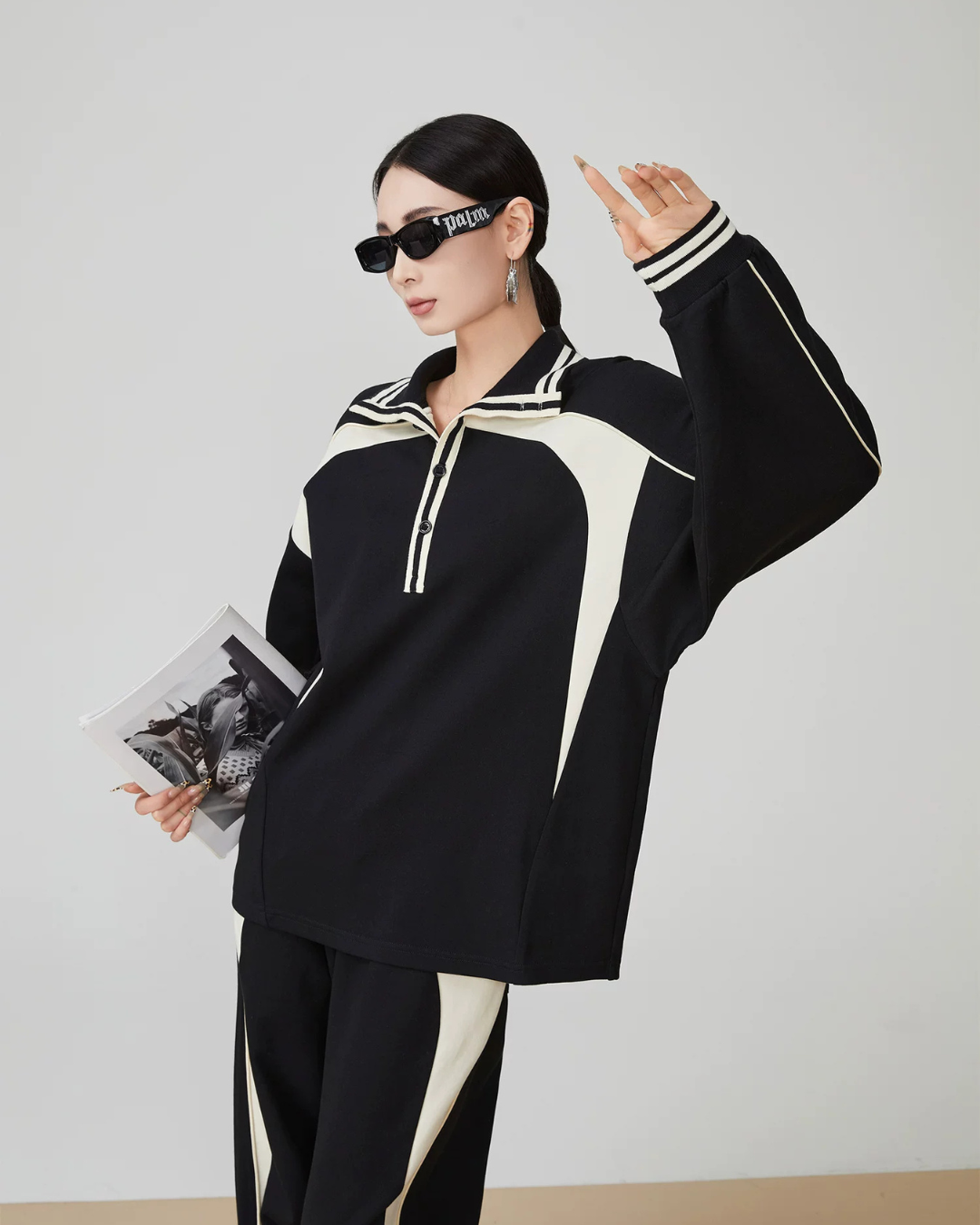 Color-Contrast Collared Long-Sleeve / Casual Wide Pants  FER0378