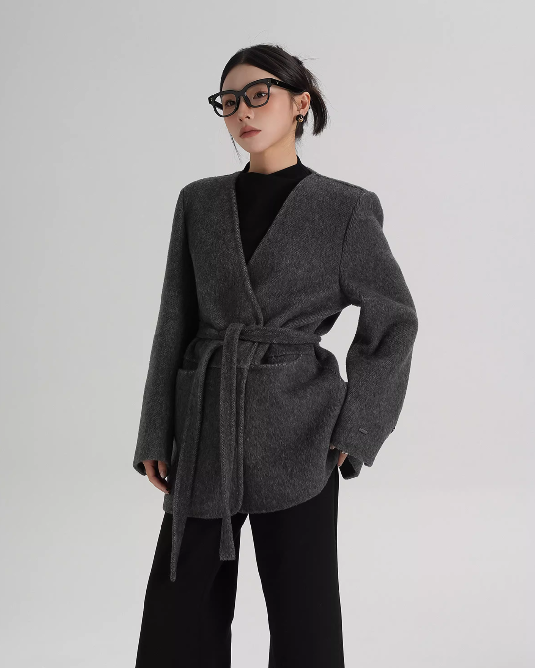 Collarless Wool Coat with Choker SRS0393