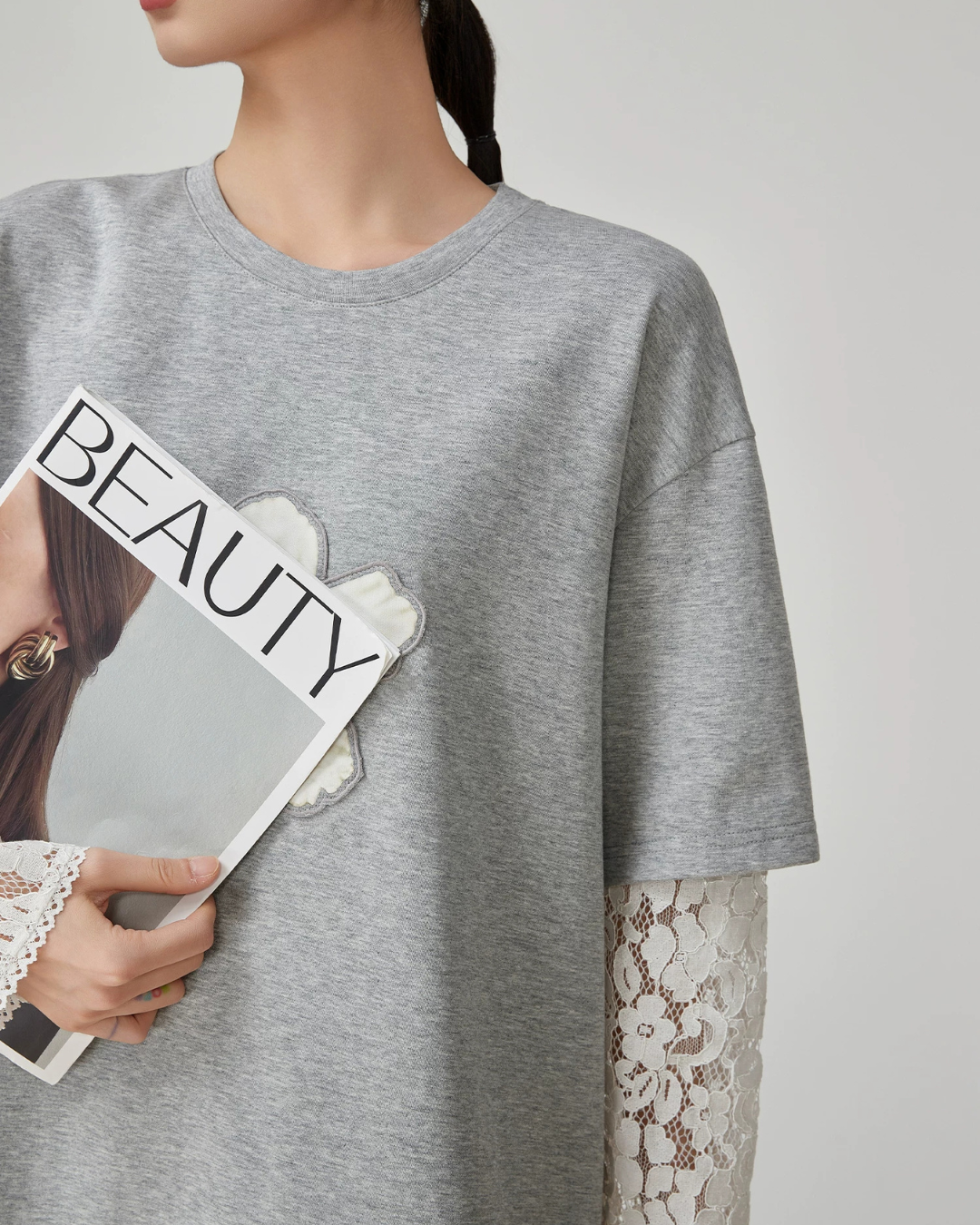 Lace Sleeve Layered Style T-Shirt FER0149