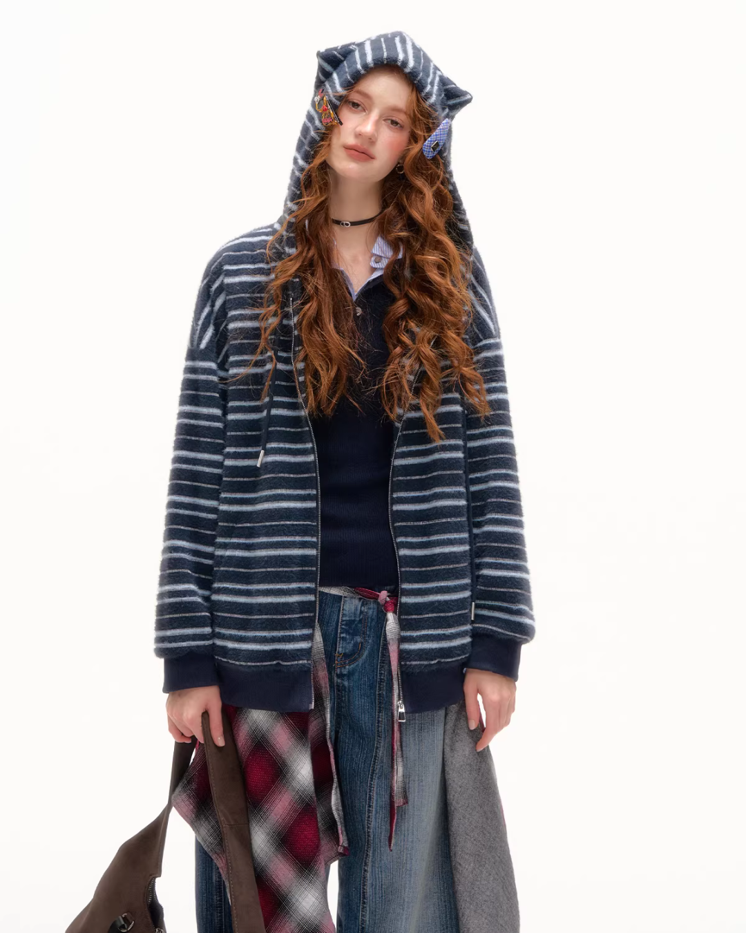 Striped Cat Ear Hoodie / Layered-Style Design Shirt ASG0076