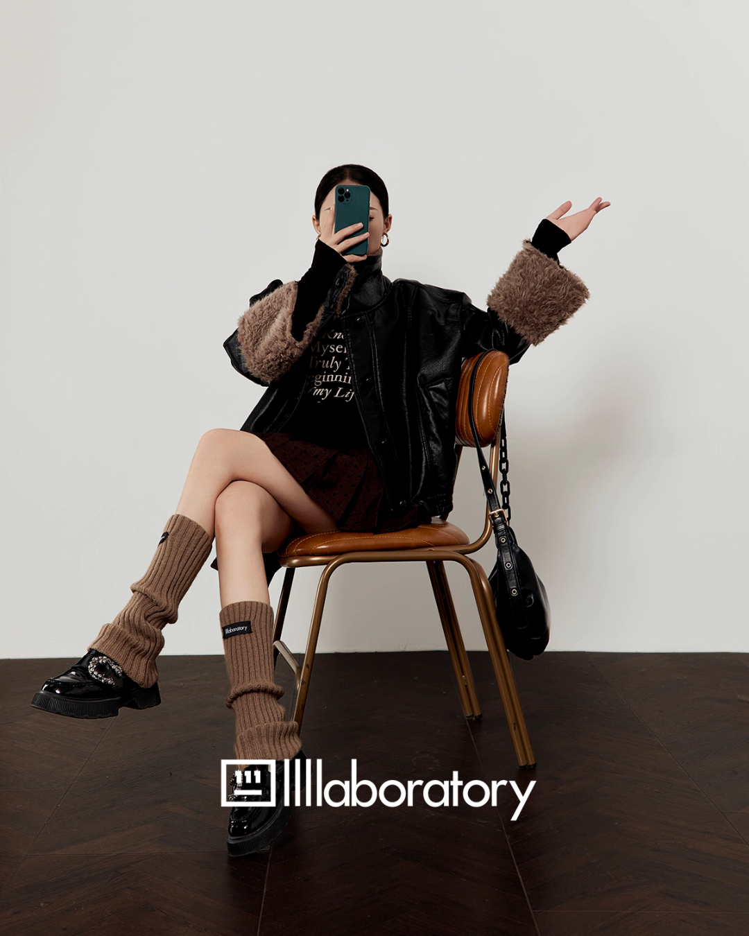 Boa Collar Leather Jacket / Pleated Mini Skirt  LLA0573