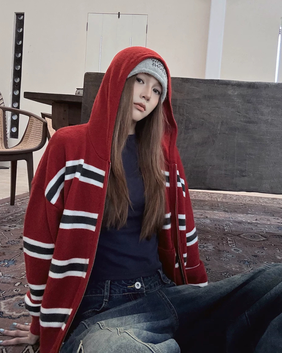 Striped Knit Hoodie WWP0004