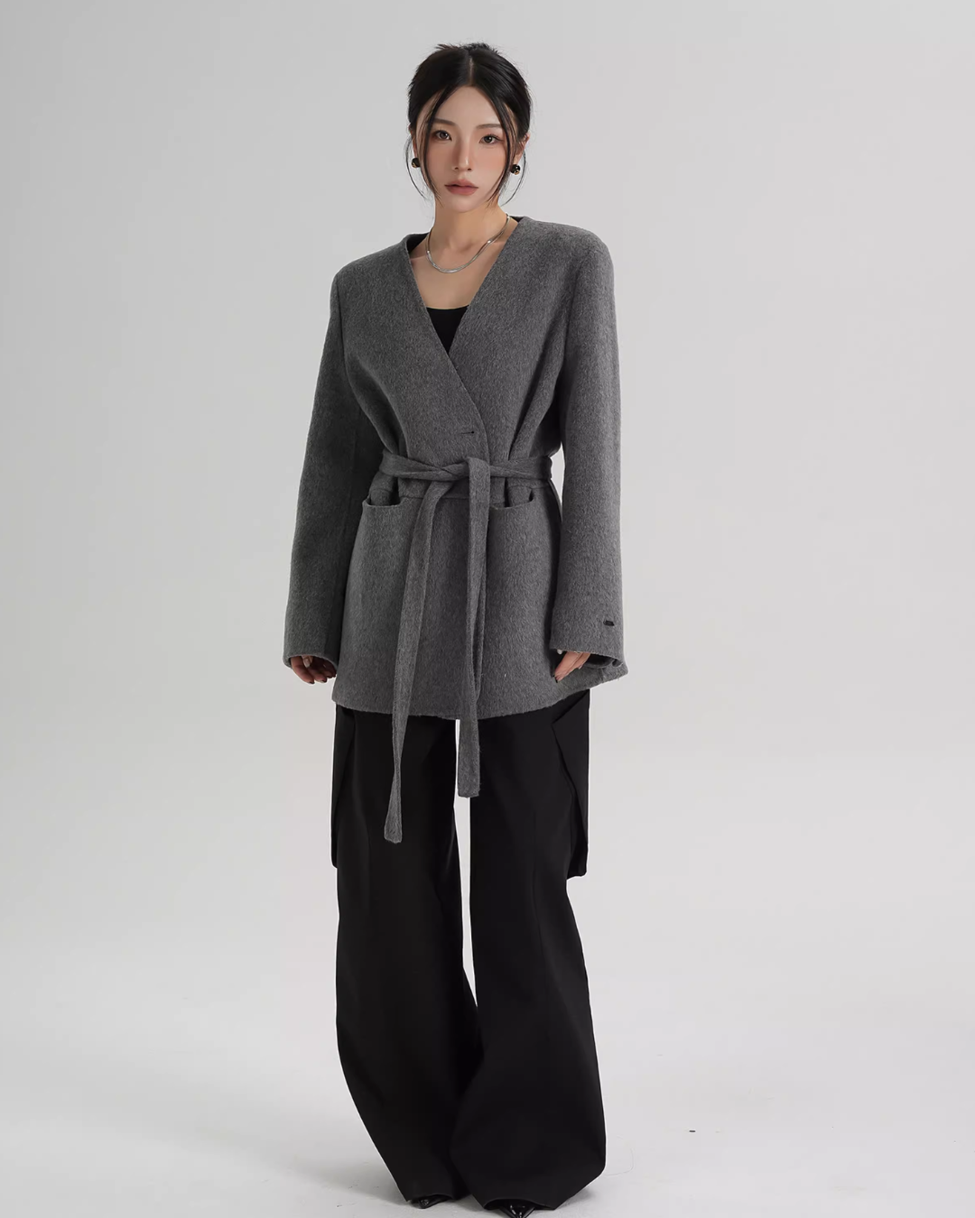 Collarless Wool Coat with Choker SRS0393