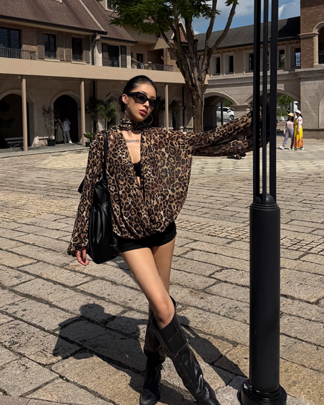 Leopard Draped Collar Chiffon Top ZRS0097