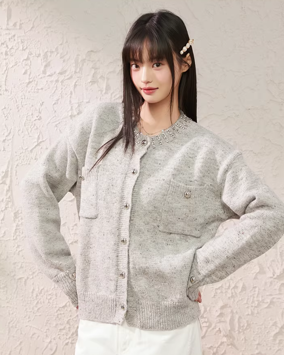 Speckled Rhinestone Knit Cardigan / Rhinestone Flash Jeans  KIP0010