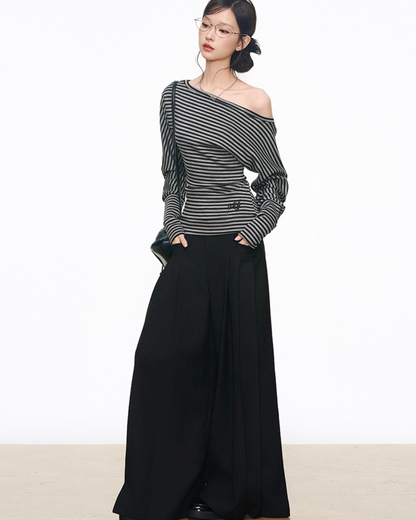 One-Shoulder Border Top / Wide Silhouette Pants WEO0066