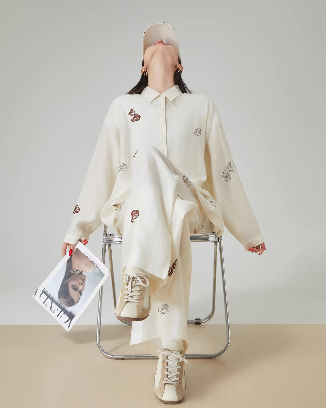 Rose Embroidered Long-Sleeve Shirt / Wide Pants FER0101