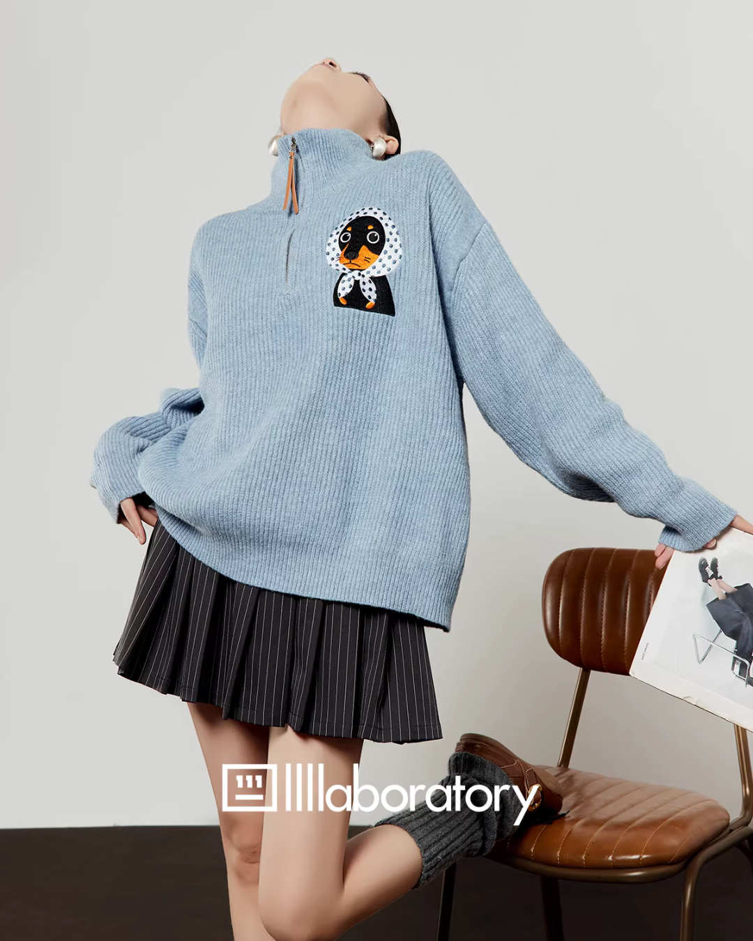 Stand Collar Knit Top / Striped Mini Skirt LLA0627