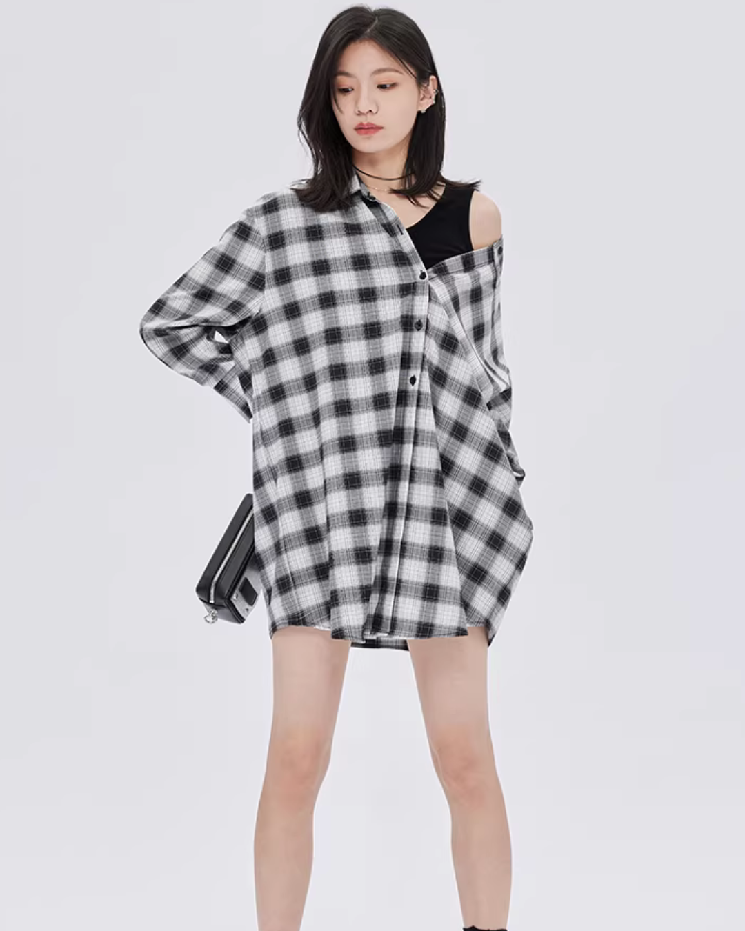 Off-Shoulder Plaid Shirt Dress SHN0049