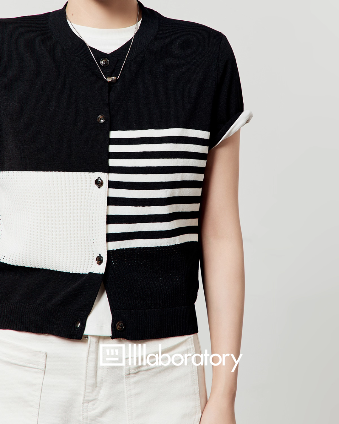 Color Block Stripe Knit / White Denim Pants LLA0496