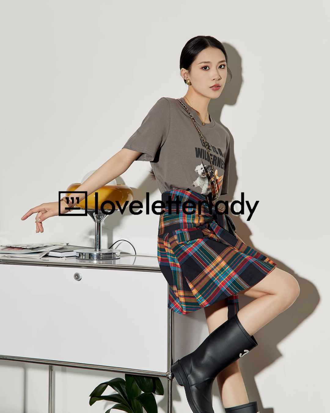 American Printed T-Shirt Check Skirt LLA0215