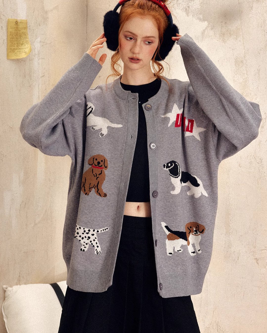 Dog Print Knit Cardigan EZK0074 – AuroraBoutique Dog Print Knit Cardigan EZK0074 – AuroraBoutique