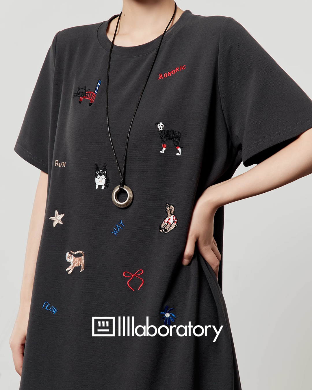 Dark Gray Animal Embroidery Dress LLA0487