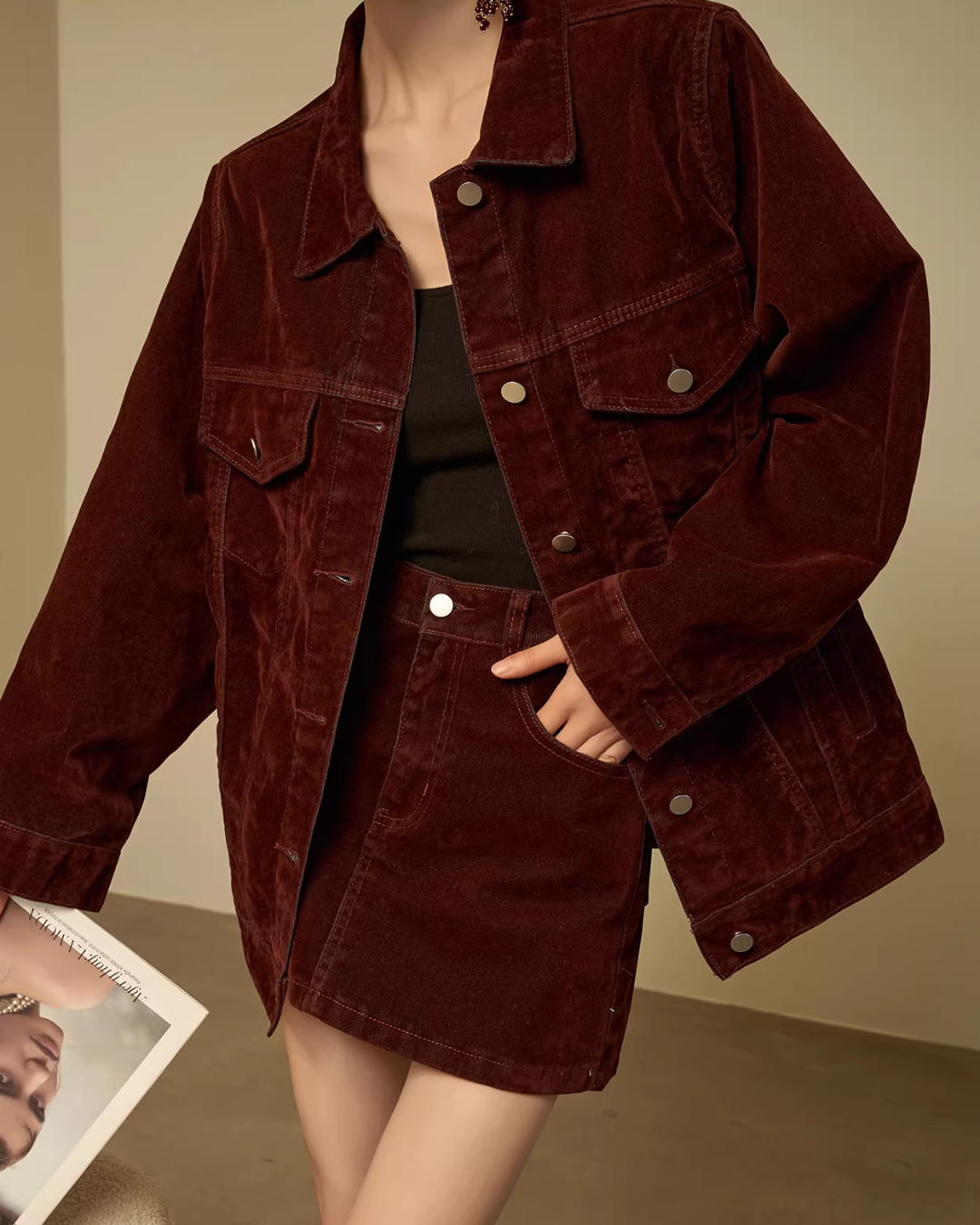 Wine Red Corduroy Jacket / Mini Skirt SUY0030
