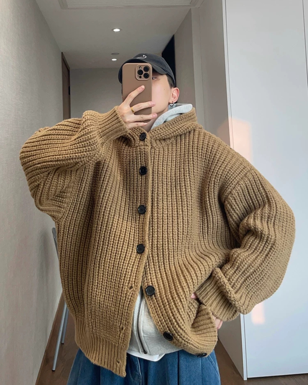 Loose-Gauge Hooded Rib Knit Cardigan DAZ0011