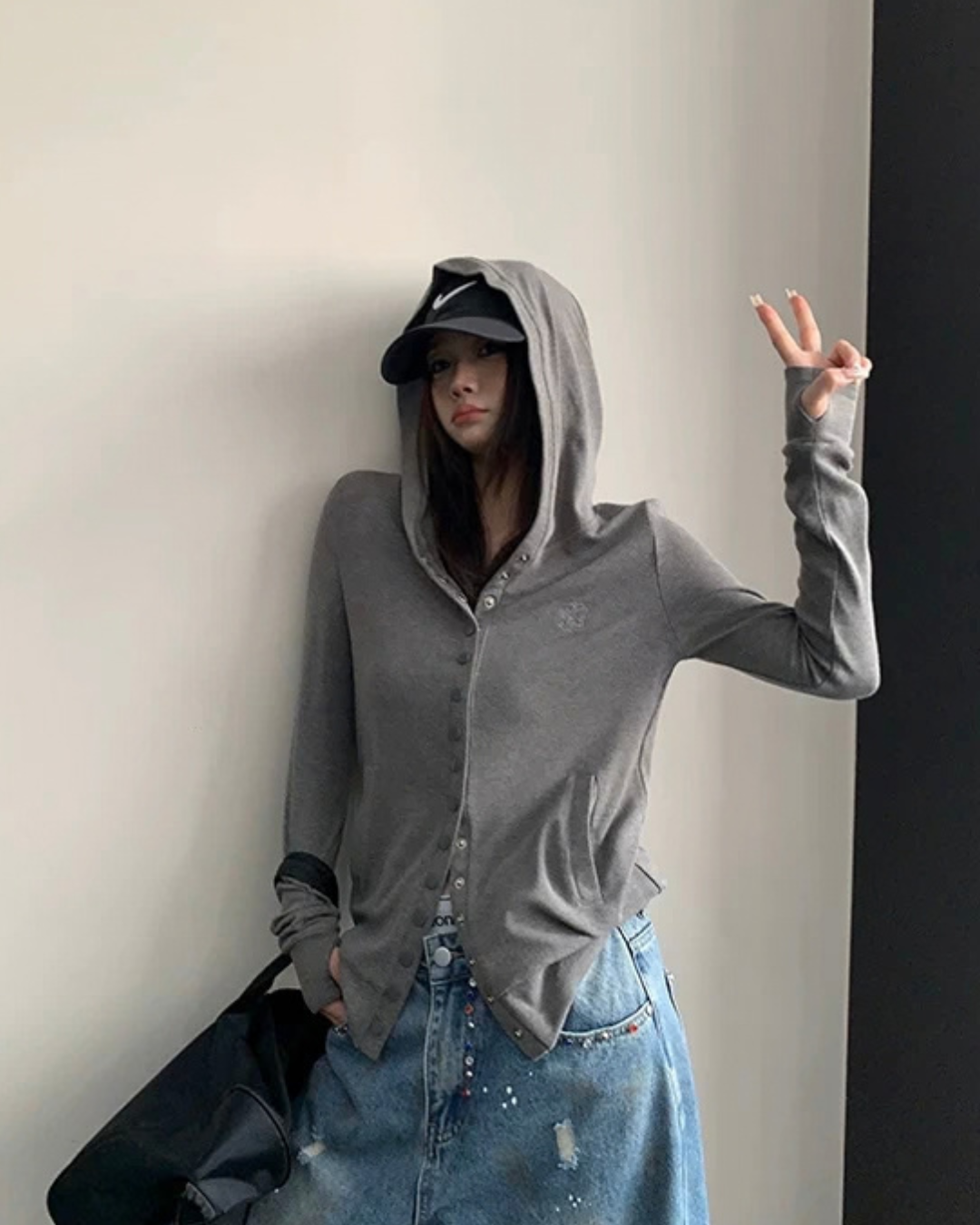 Snap Button Hooded Cardigan YLS1039