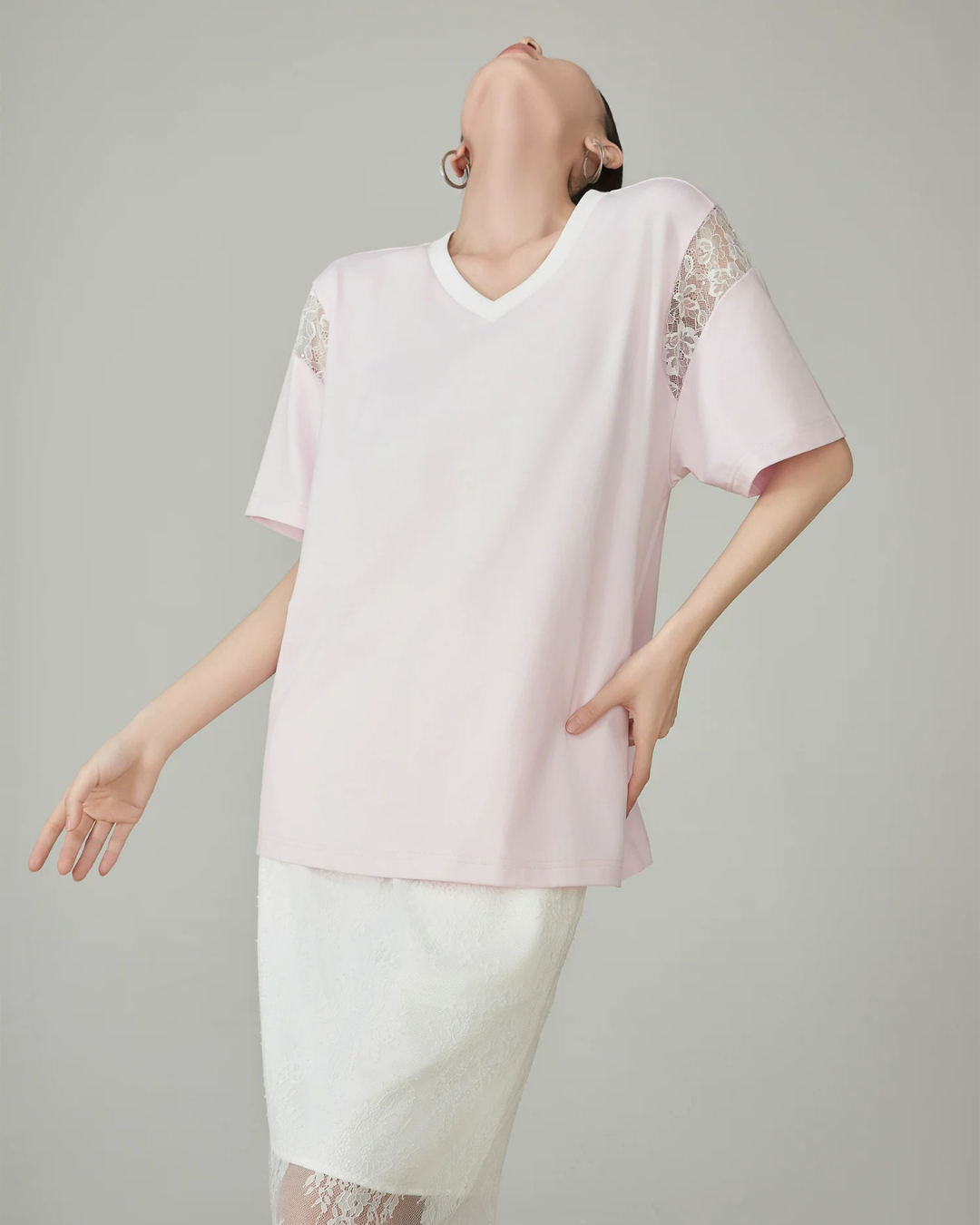 V-Neck Lace Splice Short Sleeve Top FER0158