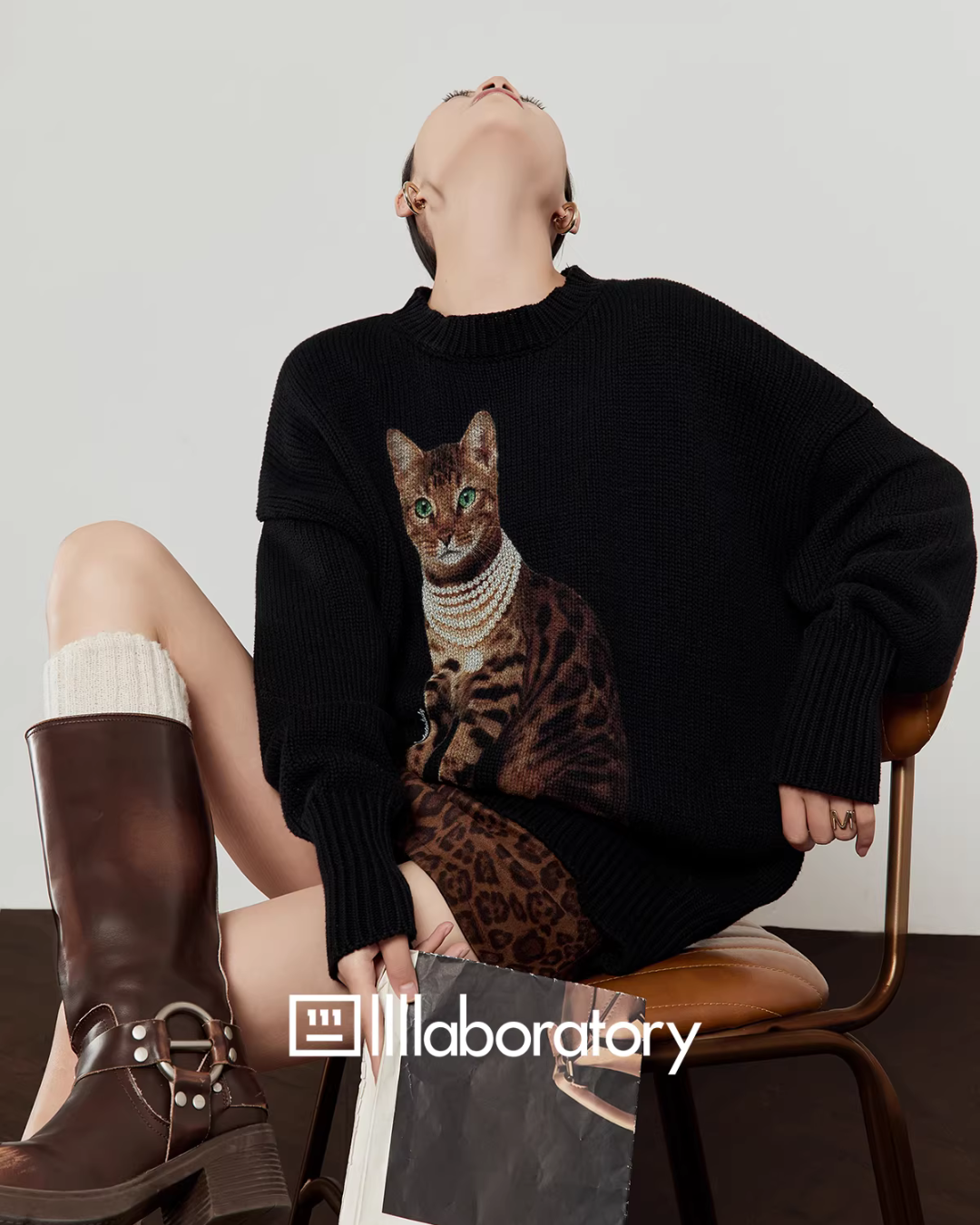 Cat Print Knit Top/Leopard Print Mini Skirt LLA0623