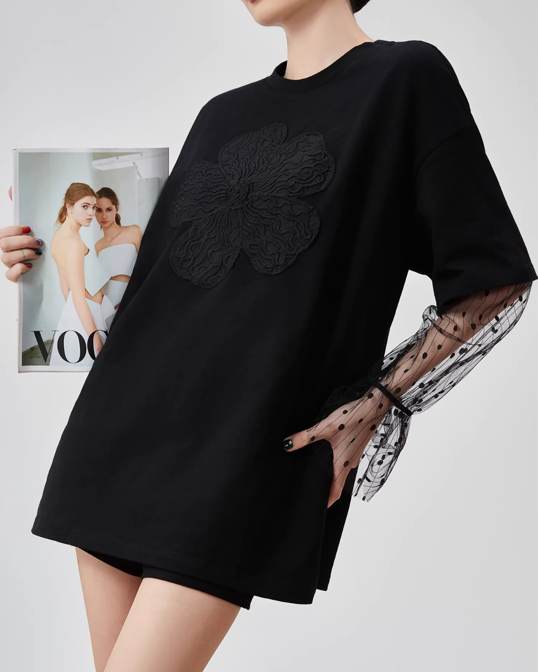 Lace Sleeve Round Neck T-Shirt FER0082