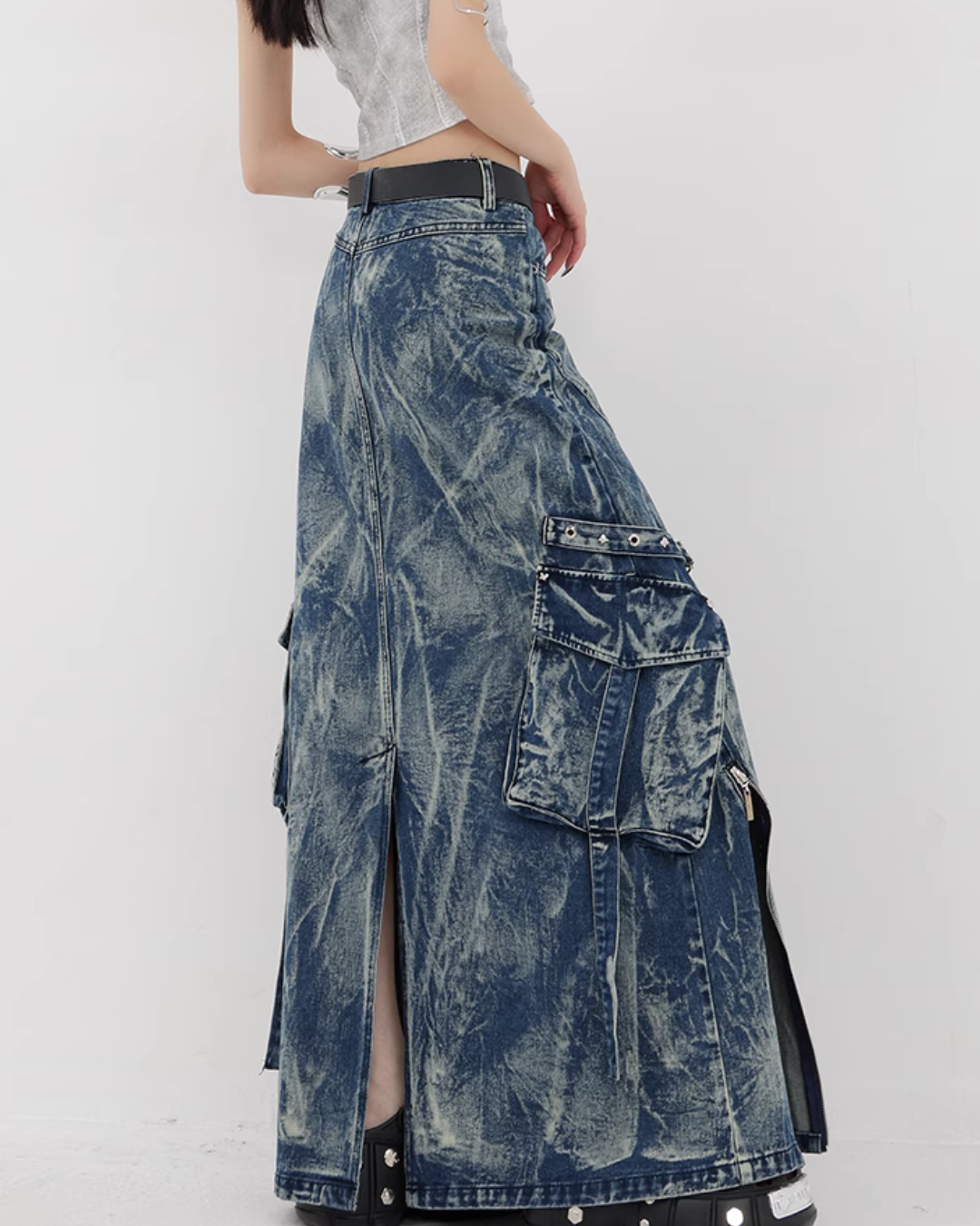 Vintage Wash Design Long Denim Skirt KNH0007