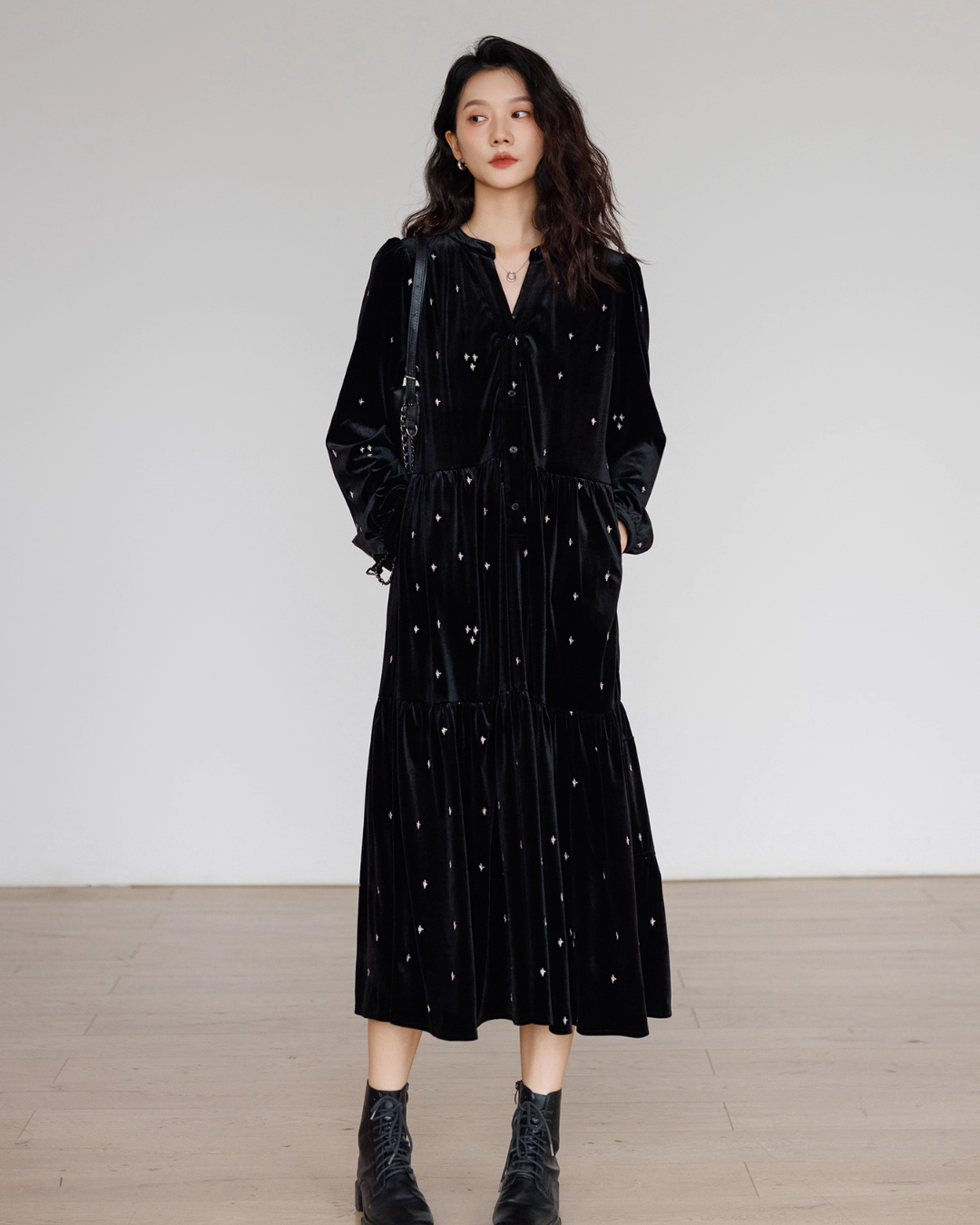 V-Neck Velour Elegant Dress VAS0141