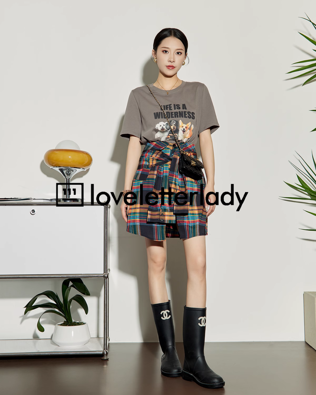 American Printed T-Shirt Check Skirt LLA0215