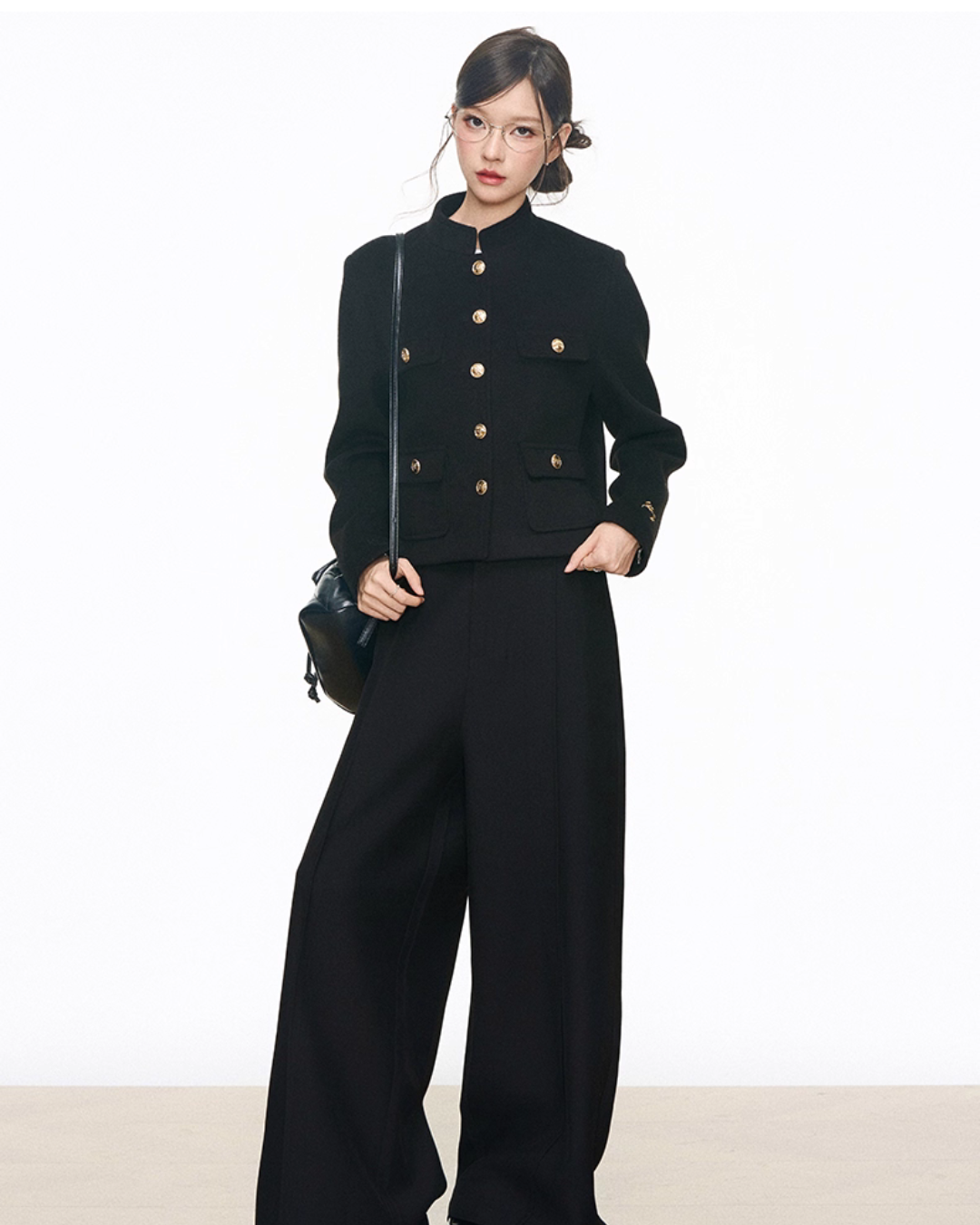 Black Gold Buckle Short Jacket / Black Casual Wide Pants WEO0069