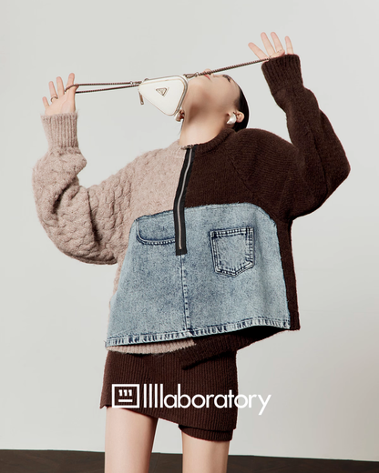 Color Block Denim Patchwork Top / Knit Mini Skirt LLA0578