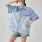 Blue Striped Patchwork Short-Sleeve Shirt FER0183