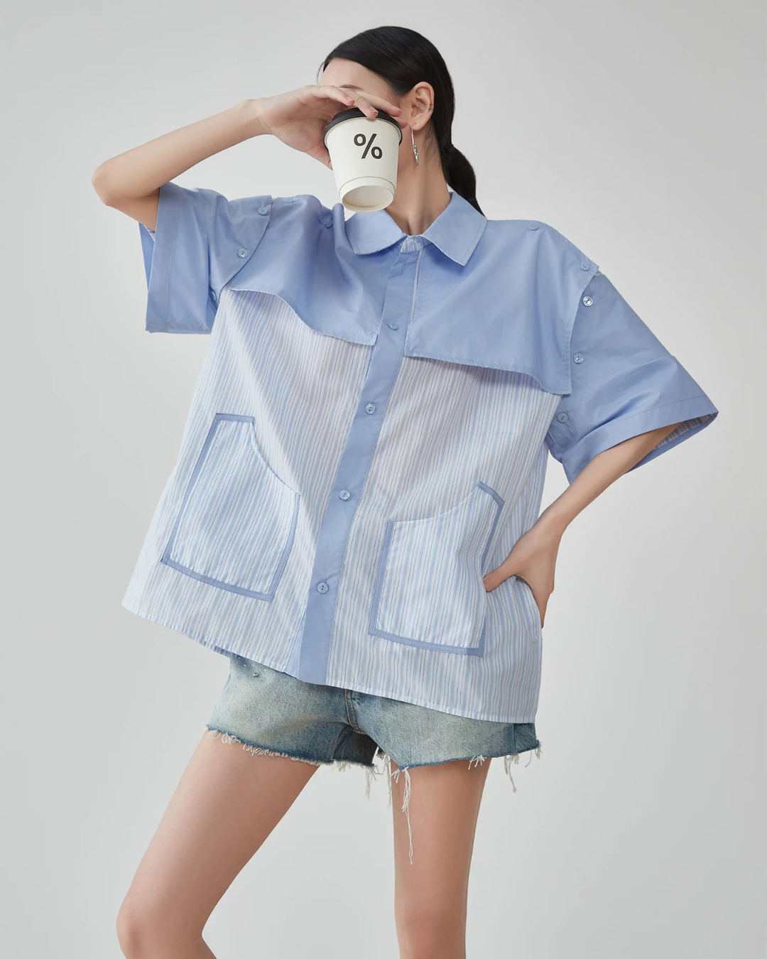 Blue Striped Patchwork Short-Sleeve Shirt FER0183