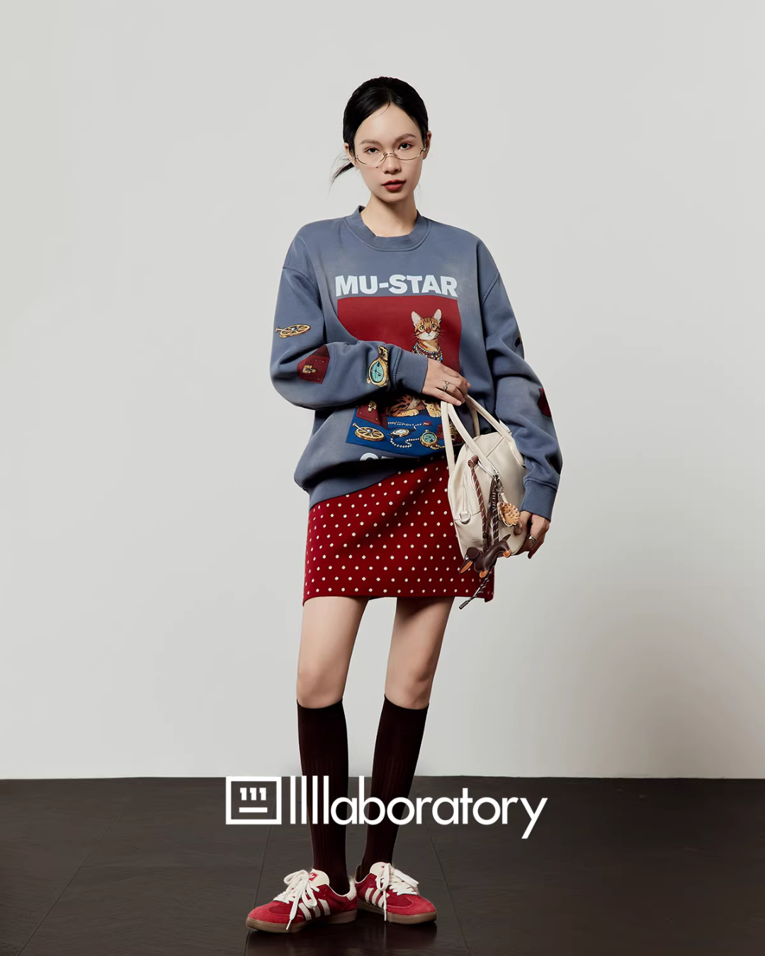 Cat Print Retro Sweatshirt/Retro Polka Dot Skirt LLA0607