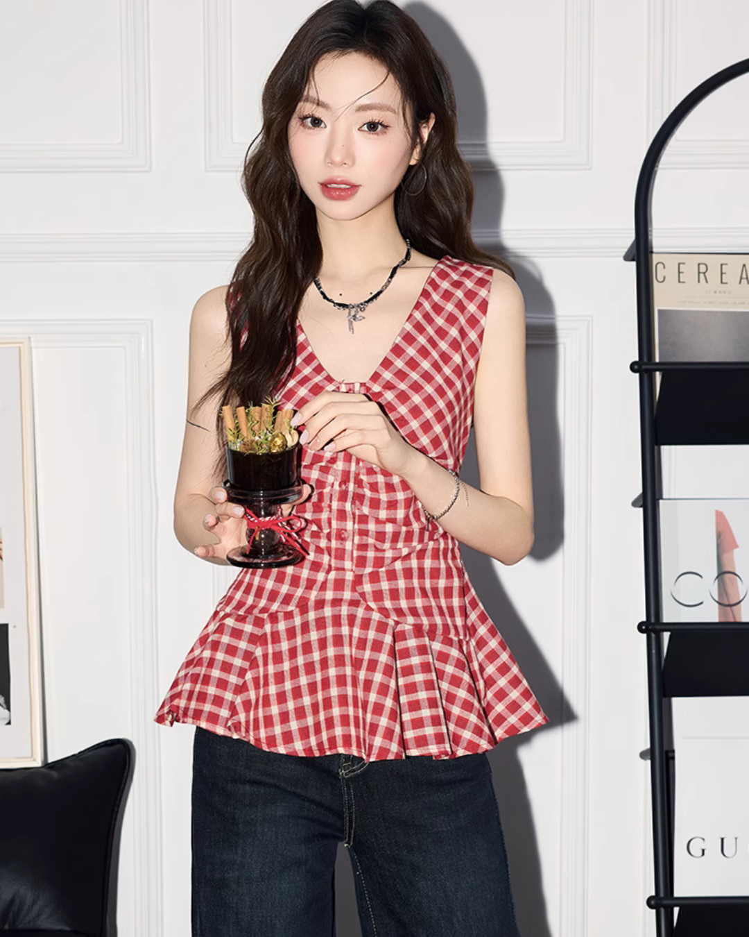 Gingham Check Sleeveless Blouse MNX0005
