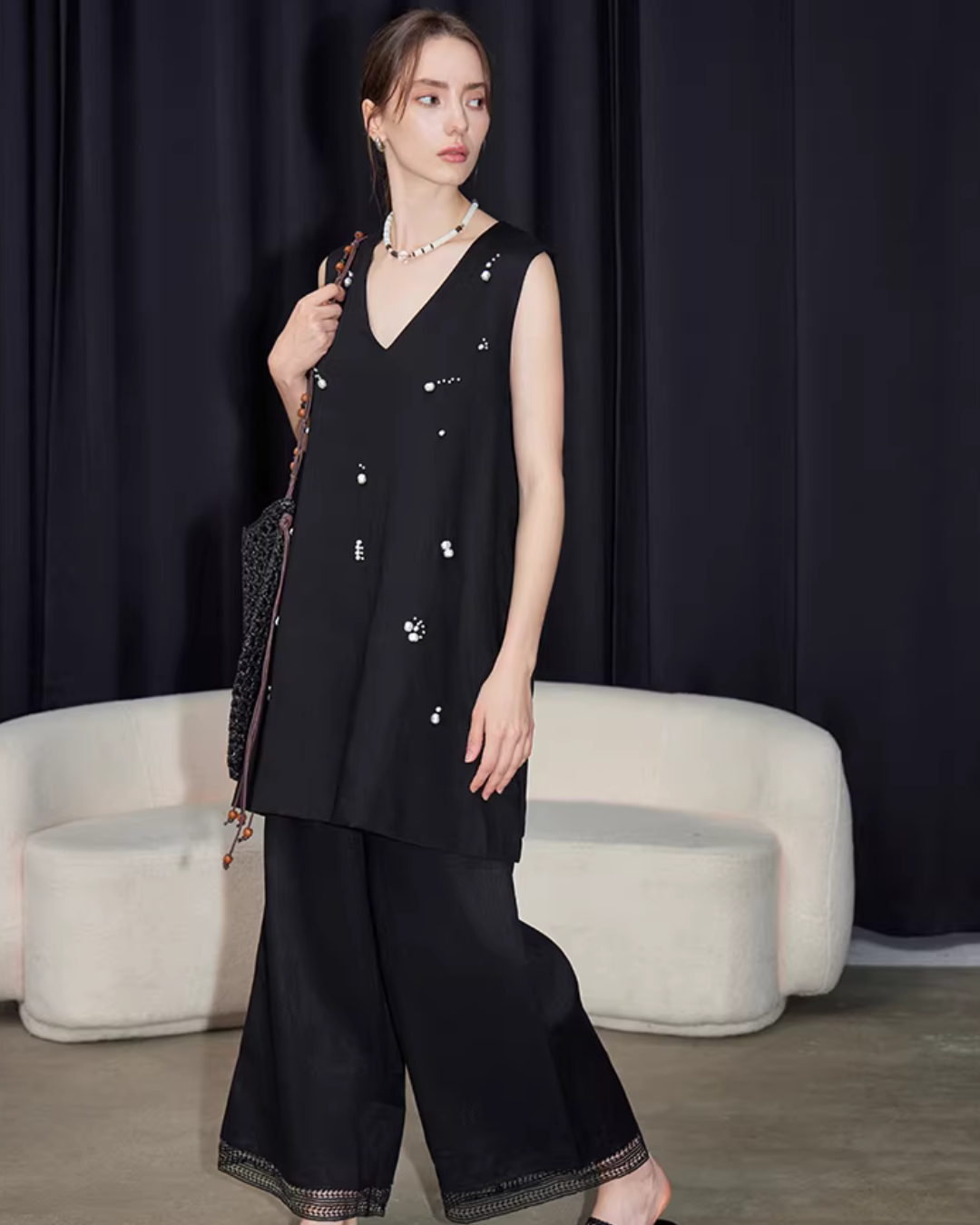 V-Neck Linen Sleeveless / Straight Linen Wide Pants TEO0012