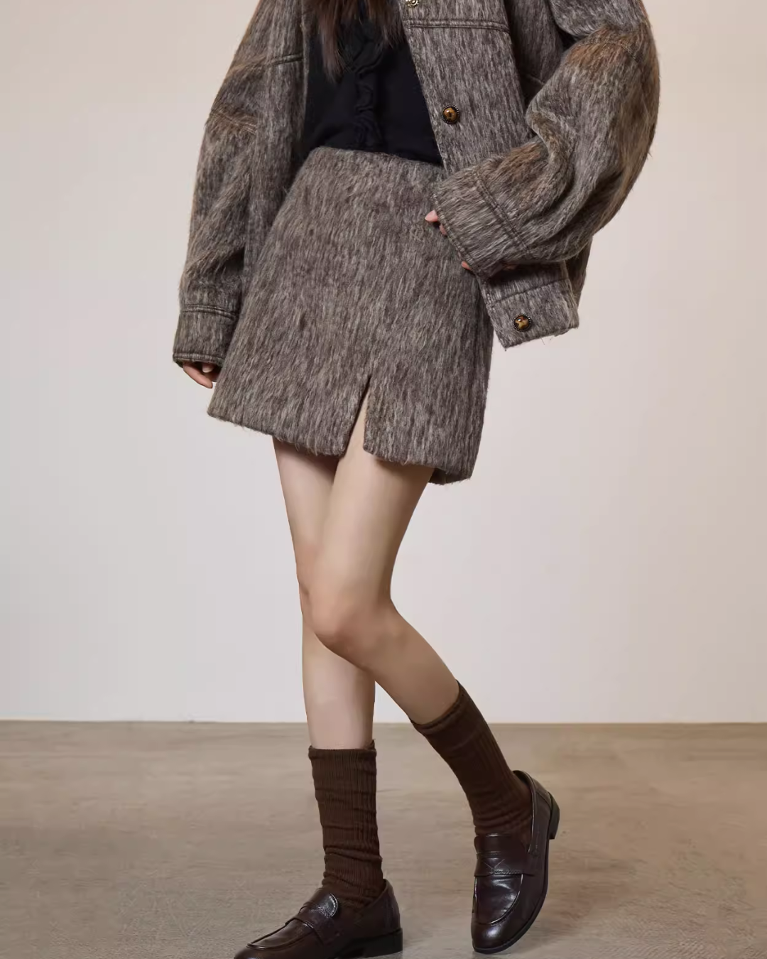 Vintage Mocha Brown Wool Jacket / Mini Skirt SUY0017