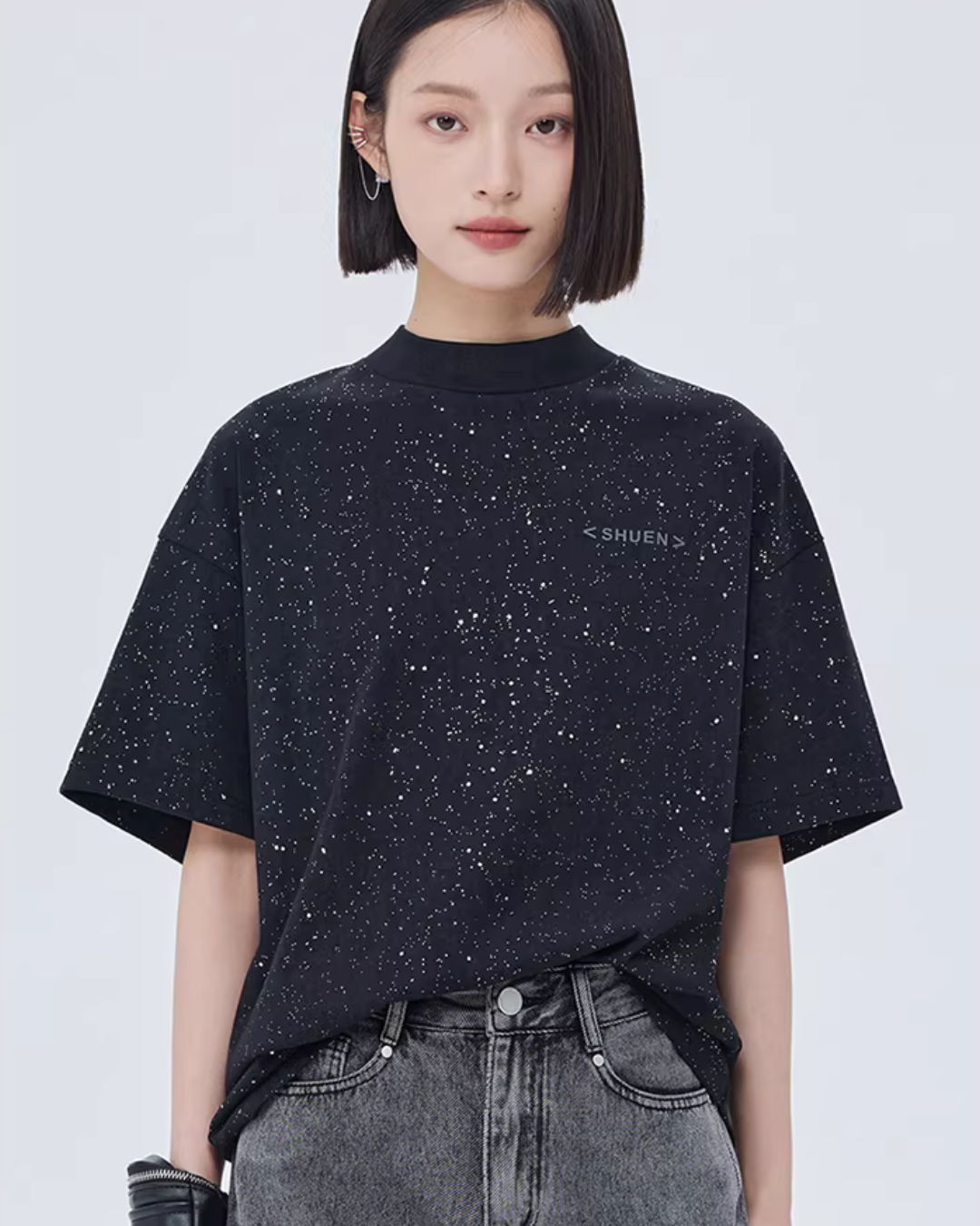 Sequin Mock Neck Short-Sleeve T-Shirt SHN0042