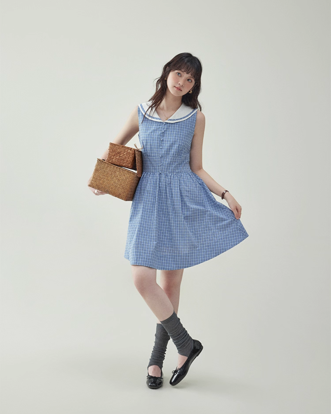 Blue Plaid Sleeveless Collar Dress AMU0031